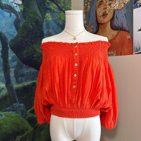 we the free orange off the shoulder smocked button front blouse - Picture 1 of 4